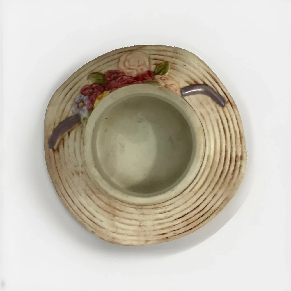 1980's Spring Floral Hat Decorative Candle Holder Ceramic READ